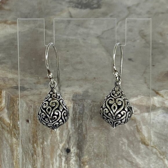 Sterling Silver ATI 925 Bali Style Scrollwork Hollow Teardrop Dangle Earrings - Picture 1 of 16